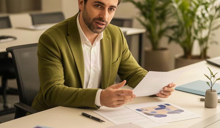 Professionista HR campana al tavolo di lavoro con appunti e documenti di selezione