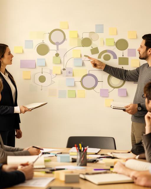 Workshop HR con fogli adesivi e schema di processo circolare su una parete di una sala riunioni